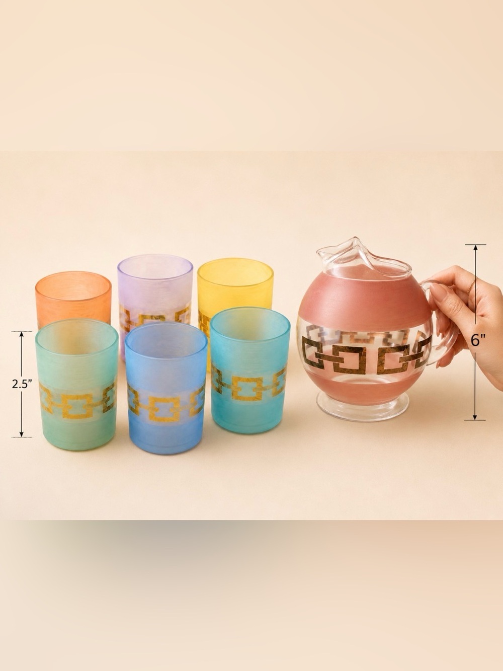 Mid Century Modern MCM Set of 7 Pastel Glasses and Gold Geometric Pitcher